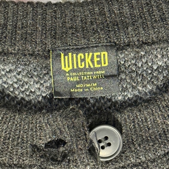 Paul Tazewell Wicked Sz M Black/Grey Stripe Button Cardigan embroidered Graphic - Picture 8 of 12